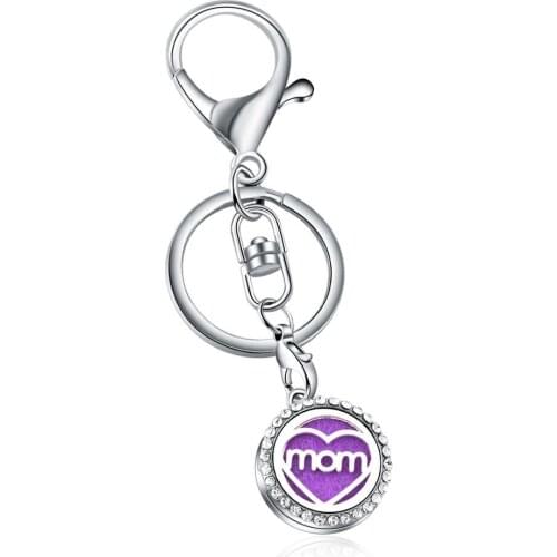 Stainless Steel Heart shaped MOM Essential Perfume full Rhinestone KeyChain Oil Diffuser Perfume Aromatherapy Locket Key Chain