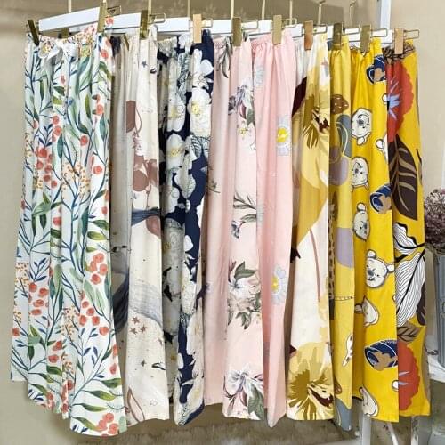 2020 NEW Sleep Bottom Thin Female Homewear Pants Floral Print Calf-length Pajamas Pants Wide-Leg Comfortable Elastic Pyjamas