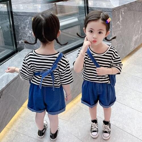 2021 New Summer Girls Sets Striped Crew Neck Short Sleeve Baby Kids Casual Clothes for Girl T-shirt and Denim Pant Two Pieces
