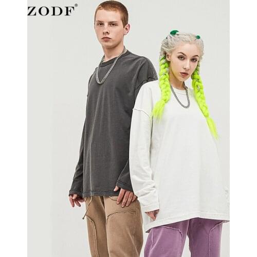 ZODF New 2021 Autum 290gsm Washed Retro Cotton T Shirts For Men Unisex Loose Casual Basic Full Sleeve Tee Shirt Tops HY0270