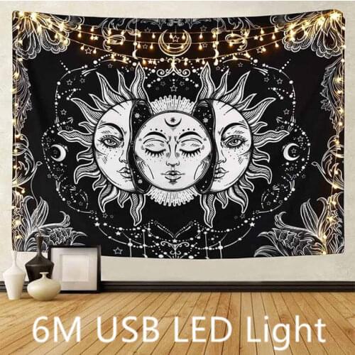 White Black Sun Moon Mandala Tapestry Wall Hanging Celestial Wall Tapestry Hippie Wall Carpets Dorm Decor With 6M LED Light