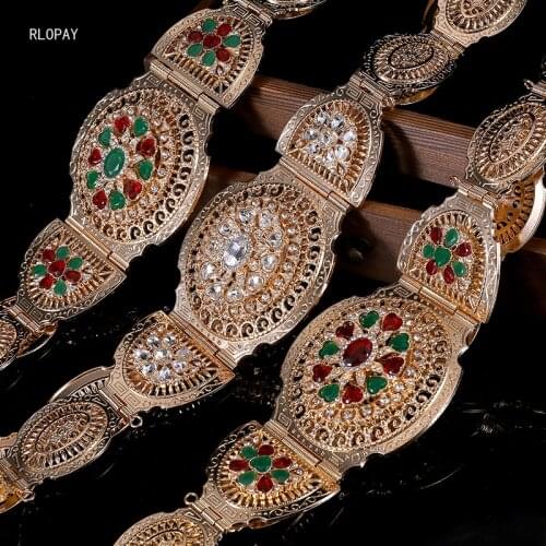 RLOPAY New Heart Shape Rhinestone Gold Chain Belts for Women Turkish Caftan Belts Arabic Moroccan Wedding Belts