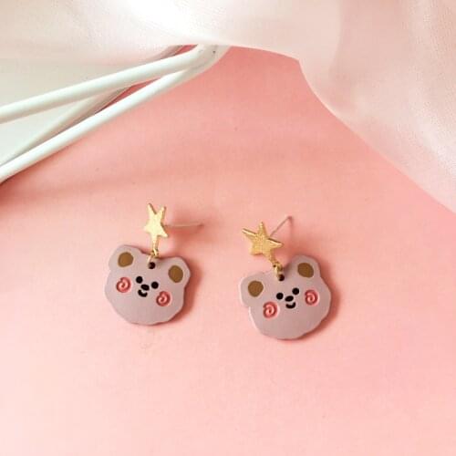 S925 Needle Cartoon cute pink bear sweet star earrings Japanese cute girl earrings