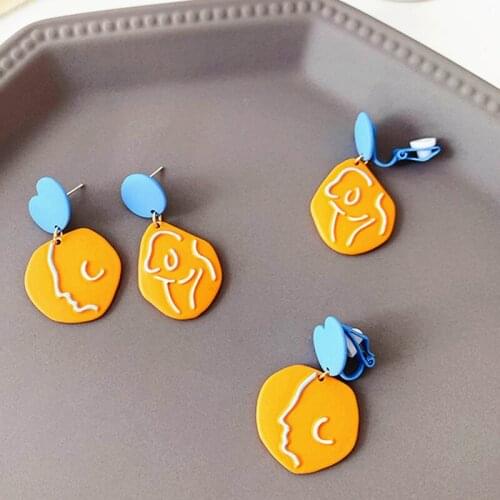 Fashion Face Retro Asymmetrical Design Paint Clips Earrings Blue Korean 2021 StyleDrop Dangle Earring Ear Clip Women Jewelry