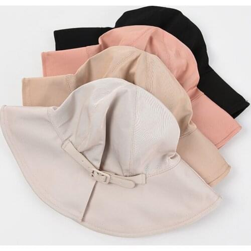Womens Summer Hat Wide Brim Foldable Polyester Bucket Hat Pleated Belt Decoration Sun Protection Cap Flat Top Beach Hat Sun Hat