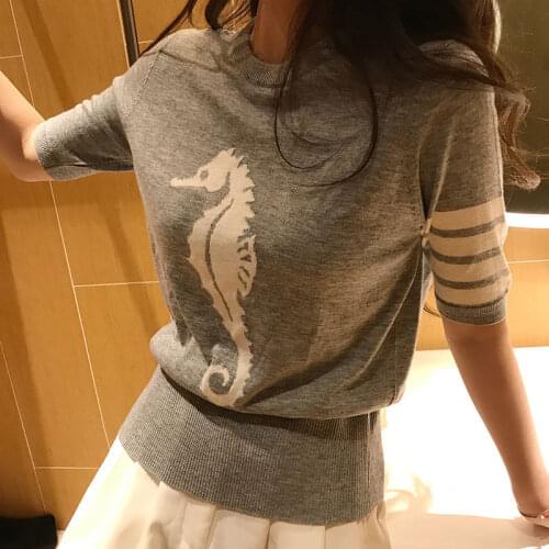 TB THOM Brand Women Sweater Wool Hippocampus Pullover Striped High Quality Top Young O-Neck