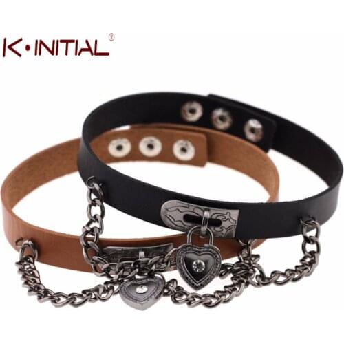 Kinitial Vintage Boho Leather Choker Necklace Love Heart Pendant Chocker Necklace for Women Black Chain Jewelry Collier Femme