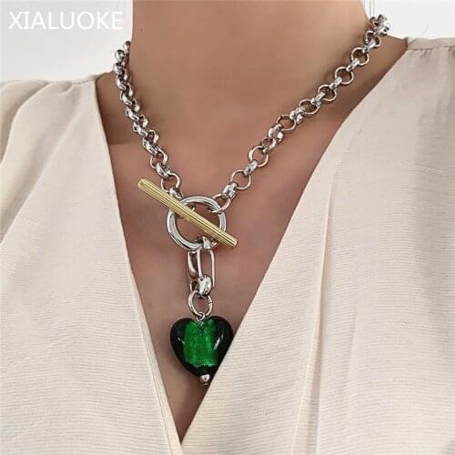 XIALUOKE Vintage Hyperbole Green Glass Pendant Necklace For Women Punk Metal Coarse Chain Chokers Necklace Party Jewelry