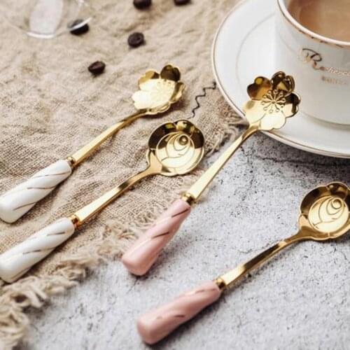 Japanese Stainless Steel Ceramic Handle Spoon Cherry Rose Shaped Gold Silver Stir Coffee Dessert Tea Spoons Tableware
