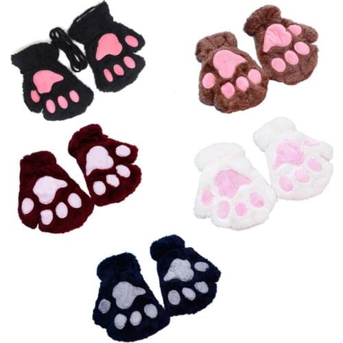 Women Winter Warm Half Finger Gloves Cute Cartoon Cat Paw Embroidery Anime Kitten Thicken Fuzzy Plush Fingerless Mittens