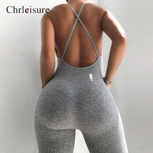 Jumpsuits For Women 2020 Push Up Backless Sexy Bodysuit Casual Solid Ribbed Streetwear Women Fitness Lace Up Jumpsuit