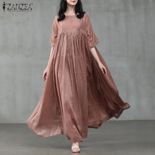 Vintage Summer Long Dress ZANZEA Women O Neck Half Sleeve Sundress Casual Solid Party Pleated Vestidos Kaftan 7