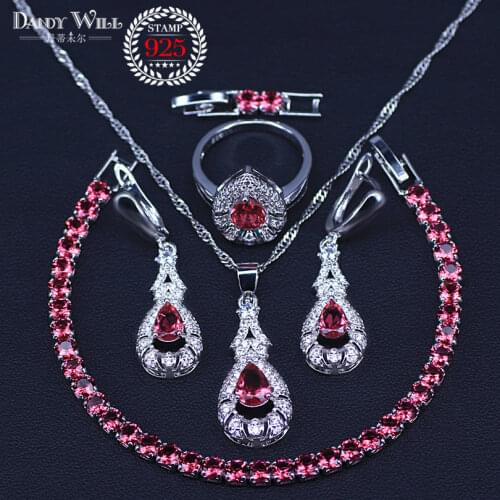 Silver color Jewelry Sets For Women Rose Red White Crystal Bracelet Earrings Necklace Pendant Rings Free Gift Box