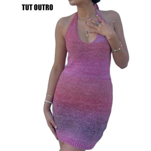 2021 Spring Fashion Knitted Short Dress Women Sleeveless Sexy Backless Halter Mini Dresses Summer Female Bodycon Beach Dresses