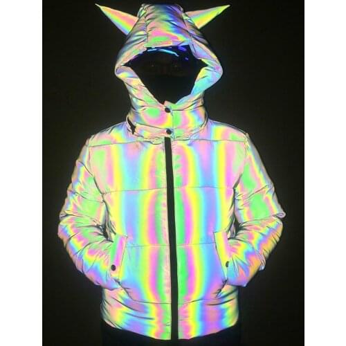 Winter Women Rainbow Reflective Parkas Down Cute Horn Hooded Bubble Coat Thick Puffer Jackets Luminous Warm Couple Down Jacket