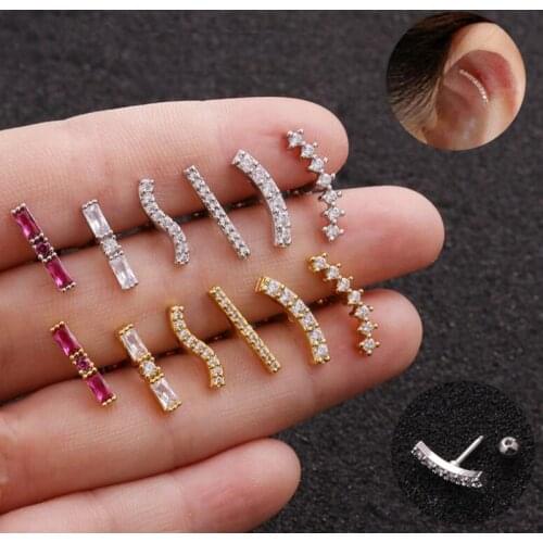 1piece Cubic Zirconia Small Stud Earrings Women Stick Wave Red Stone Crawler Cartilage Earring Gold Silver Color Earing Jewelry