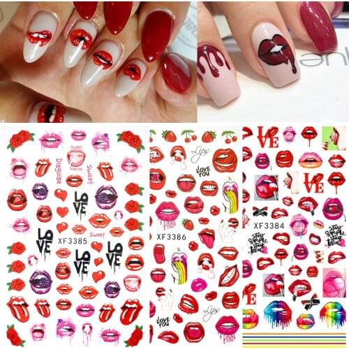1pcs Cartoon Sexy Red Lips 3D Fashion Nail Art Sticker self-Adhesive Sliders Abstract Cool Lady rose Decals Decoration 2021 new