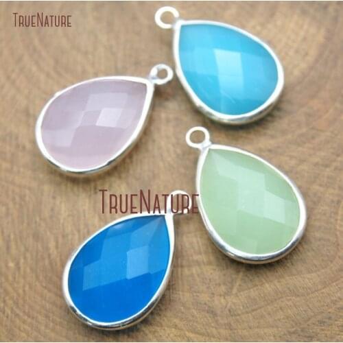 10Pcs Grass Green, Sky Blue, Royal Blue Glass Crystal Pendant Bezel Setting Sliver Faceted Pear Shape Pendant 22x13.5mm PM15338
