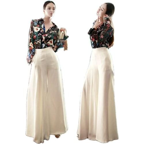 2021 New Womens Baggy Pants Wide-leg Chiffon Linen Yarn High Waist Plus Size Flared Pants White Black Beautiful Loose Trousers