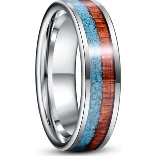 6mm Inlaid Turquoise Wood Grain Steel Color Tungsten Carbide Ring Mens Fashion Wedding Rings Jewelry
