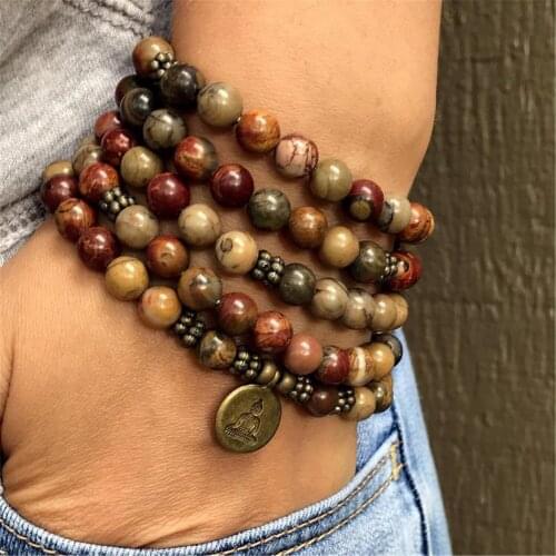 8mm Picasso Jasper 108 Beads Handmade Pendant Necklace Bracelet Retro Mala Tibetan Wristband Spiritua Meditation Classic