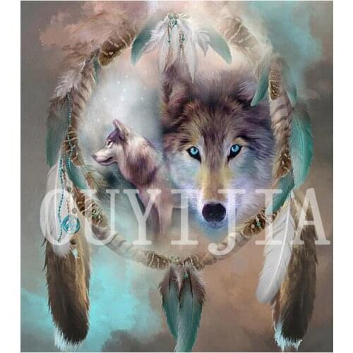5D DIY Diamond Painting Dream Catcher - Wolf Full Square Round Rhinestone Embroidery Cross Stitch Craft Home Decoration