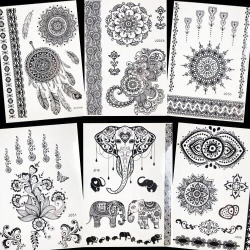 Black Henna Mandala Flower Tattoo Stickers Women Sexy Pendant Elephant Temporary Tattoo Bracelet Lace Fake Tatoo Self Adhesive