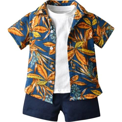 3Pieces Kids Summer Beach Set Baby Boys Floral Print Turn-Down Collar Short Sleeve Shirts Solid Color Round Neck T-Shirts Shorts