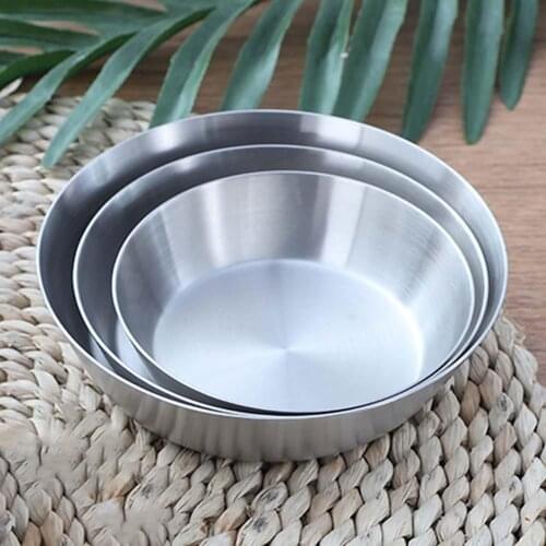 Eco-friendly Stainless Steel Flat Bottom Serving Dish Round Plate Tray Kitchen Dinning Bowl For Salad Cooking Baking