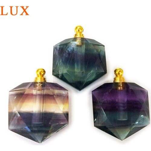 Natural fluorite perfume bottle faceted cut pendants Hexagon Essential Oil Diffuser Charm for necklace DIY jewelry making