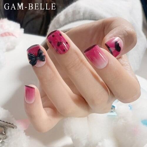 GAM-BELLE Black Heart Bow Fake Nails Purple Dot Heart Pattern French Artificial Nail Tips Beauty Full Press On Nails Decoration