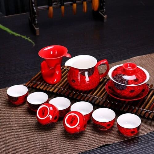 Chinese wedding dowry red marry celebration new tea cup suit pot tea set kettle kung fu ceramic teapot tray teaset gift kungfu
