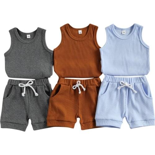2021 Baby Summer Clothing Newborn Baby 2-piece Outfit Set Sleeveless Solid Color Tops+Shorts Set for Kids Boys Girls