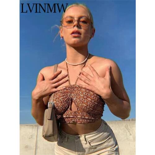 LVINMW Sexy Skinny Floral Hollow Out Strapless Tops Backless Sleeveless Lace Up Halter Women Tank Shirring Slim Summer Crop Top