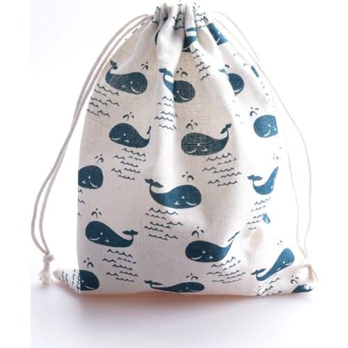 5pcs Resuable Cartoon Cotton Linen Drawstring Pouch Christmas Gift Bag Printed Jewelry Bag Mini Travel Package Bag Accessories