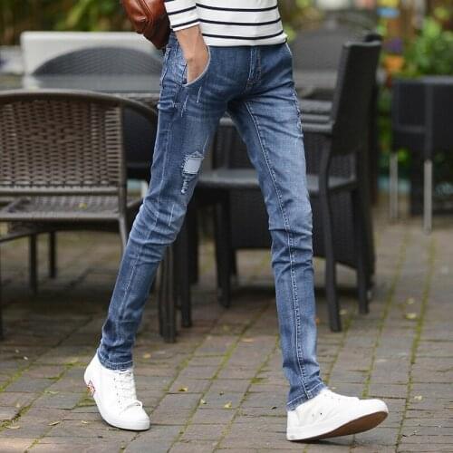2021 Men’s Slim-fit Straight Jeans,Ripped&Washed Denim Pants,Classic Blue Color,Scratches&Patches,Youth Fashion Must