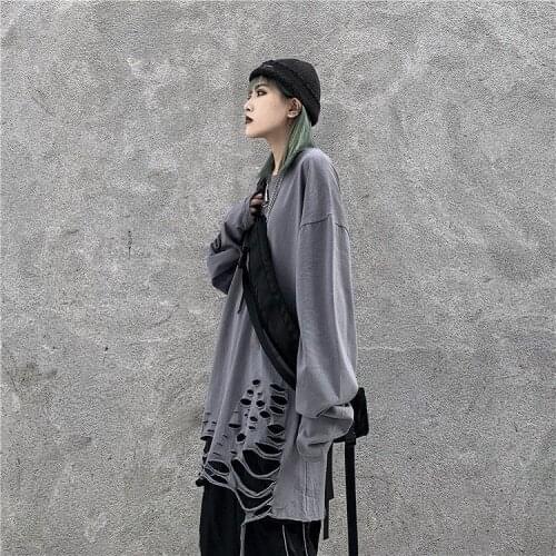 2021 spring new trend ins beggars wear hole-breaking bottom shirt top loose large size long-sleeved t-shirt men and women tide