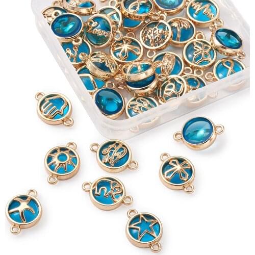 Pandahall 36pcs Glass Links Connectors Charms for Jewelry Making Light Gold Plated Flat Round with Mixed Shapes Fit DIY Bracelet