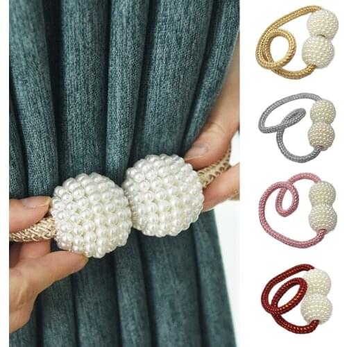 Y1UU Strong Curtain Tiebacks Magnetic Curtain Holdbacks Pearl Decorative Curtain Tiebacks Rope Drapery Holdbacks for Curtain