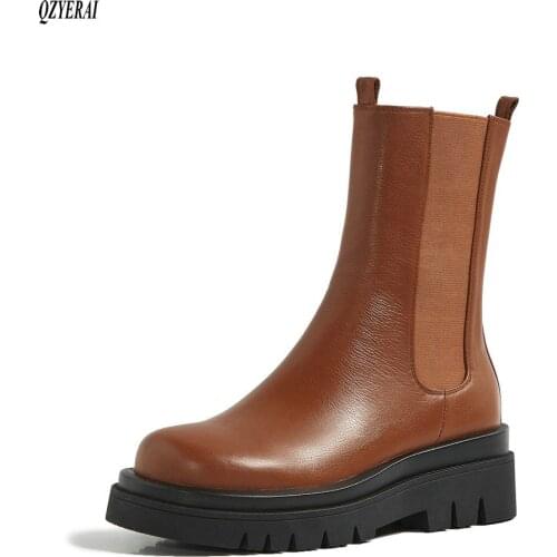 Brand Genuine leather Women boots Fashion boots The bottom of the thick Chelsea Women shoes Size 34-40