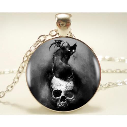 2017 Creepy Cat Bat on Skull Pendant Choker Statement Round Necklace For Women Dress Accessories Glass Photo Fashion Jewerly