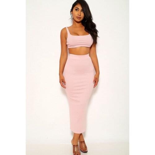 Summer new womens pink round collar sleeveless short vest half skirt two sets long straight skirt
