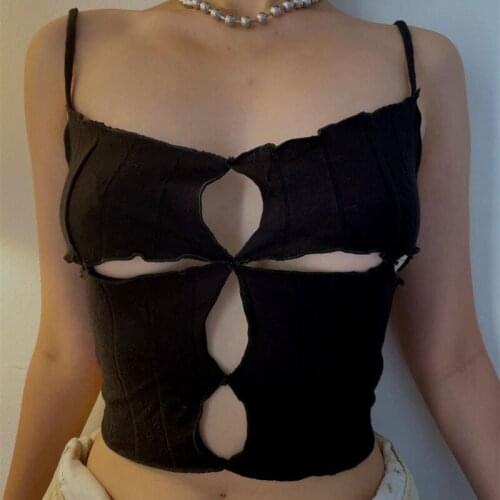 Gothic Grunge Hollow Out Top E-girl Rib Knit Sexy Cami Punk Style Crop Tops Harajuku Women Basic Ruffle Black White Clothes