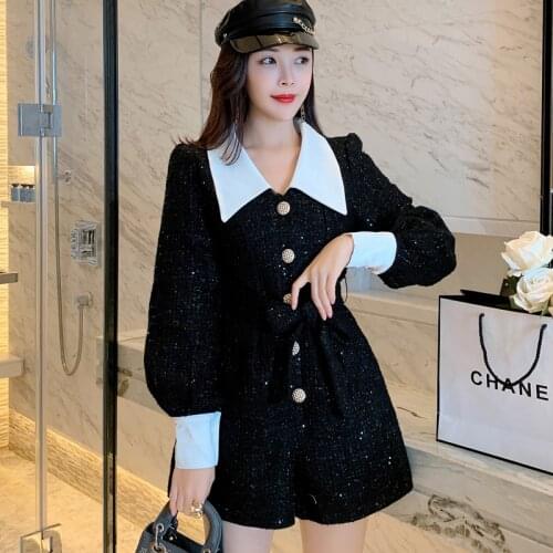 2020 Autumn Winter New Womens Jumpsuit Single-breasted Long Sleeve Tweed Playsuits Shorts Rompers Pacthwork Black Streetwear