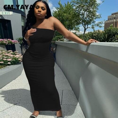 CM.YAYA Women Long Dress Solid One Shoulder Sleeveless Stretchy Asymmetrical Skinny Maxi Dresses Fashion Vestidos Summer Outfits