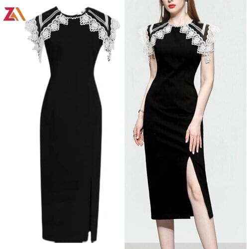 ZALady elegant summer party pencil midi dresses for women peter pan collar black sleeveless bodycon Slit dress vestidos mujer Y2