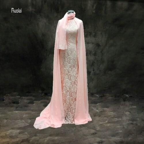 2017 New Arrival Pink Arabic Muslim Evening Gowns Chiffon Hijab Long Sleeve Lace Muslim Evening Dress With Jacket Custom Made
