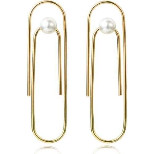2019 Exaggerated long pin shape earrings paper clip geometric imitation pearl temperament earrings female gift