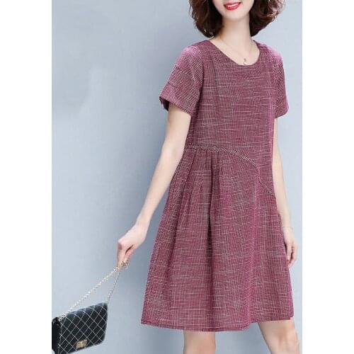 2021 New Summer Women Plaid Dresses Ladies A-Line Dress Female Vintage Short Sleeve Dress Lady Casual Plus Size 4xl Robes B202