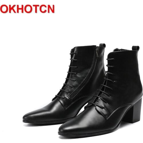 Pointed Toe High Tops Snow Boots Black High Heel Mens Ankle Boots Casual Genuine Leather MenS Boots Lace UP Cowboy Knight Boots